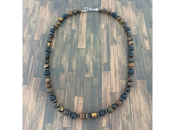 Collier homme œil de tigre/pierres de lave/hématite