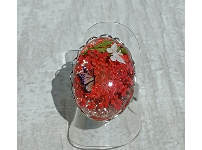 Bague résine ovale argenté fleur rouge #12