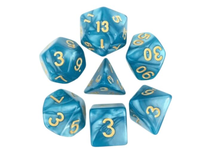 HDP-21 lot de 7 Dés – 16mm- Bleu nacré et or