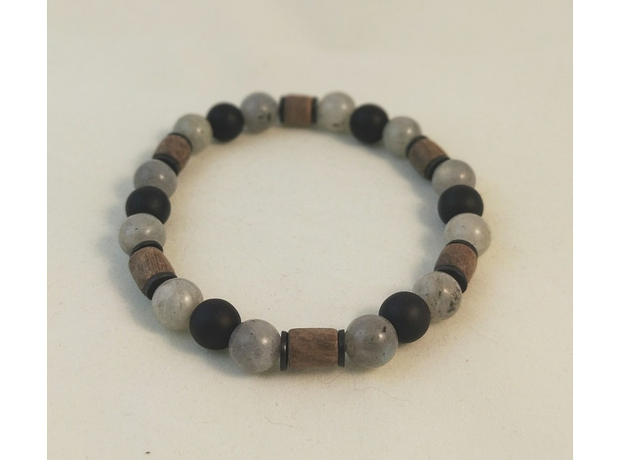 Bracelet bois / labradorite / agate noire
