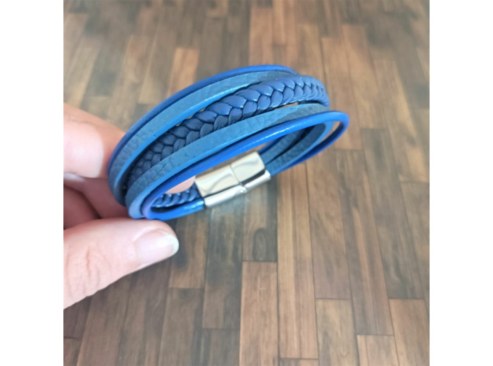 Bracelet homme 5 lanières cuir bleu