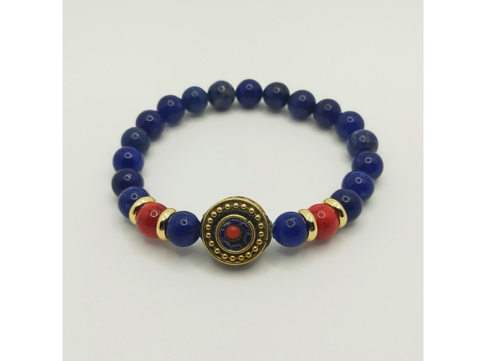 Bracelet lapis lazuli/jade rouge, perle tibétaine