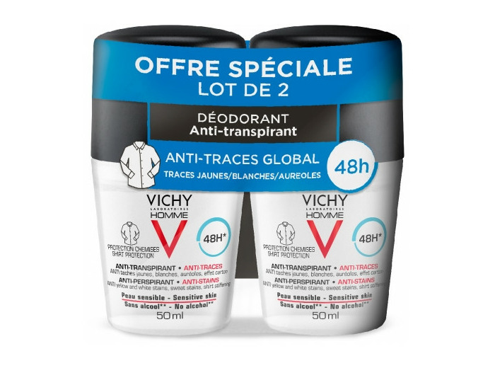 Anti-transpirant Anti-traces 48h 2x50ml Homme Roll-on Vichy