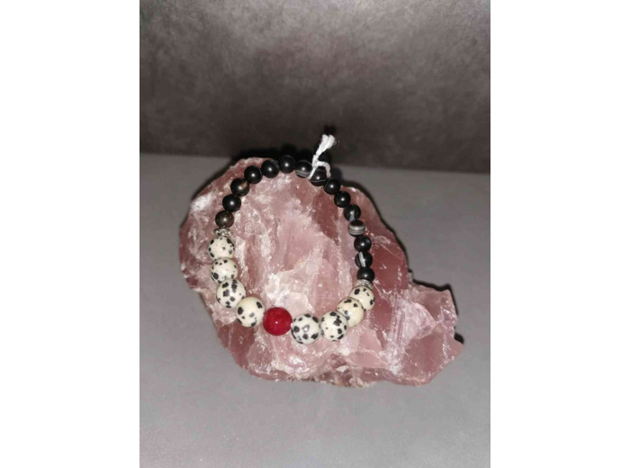 Bracelet perles Agate noire 6mm et Jaspe Dalmatien 8mm