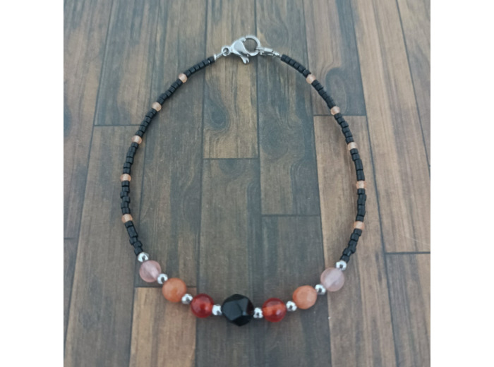 Bracelet en perles naturelles et Miyuki orange/noir/argenté