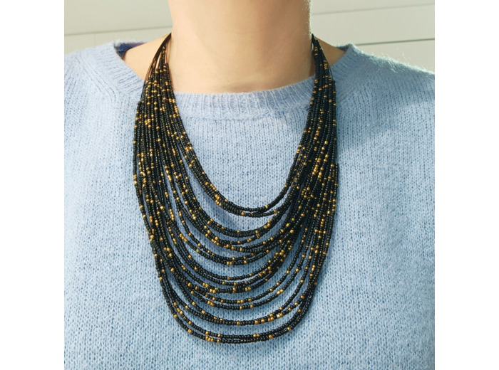 Collier multicouches (20) en perles de rocaille noir/doré