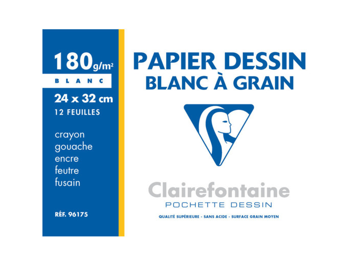 Pochette de papier dessin - 24x32 - Blanc à grain - 180g.