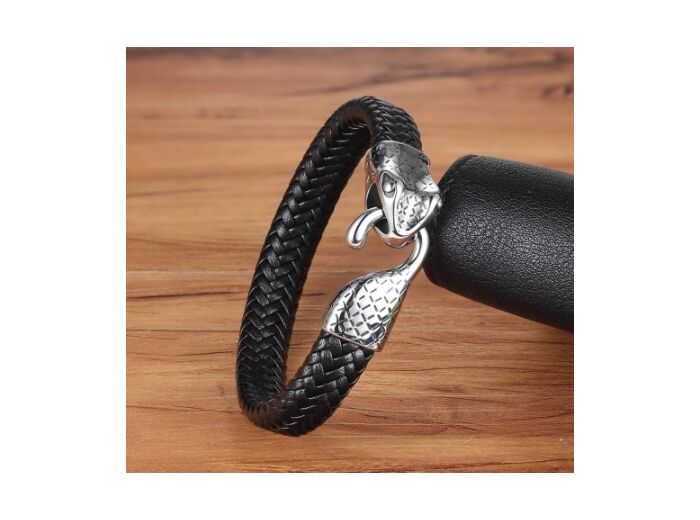 Bracelet en cuir véritable noir serpent 3