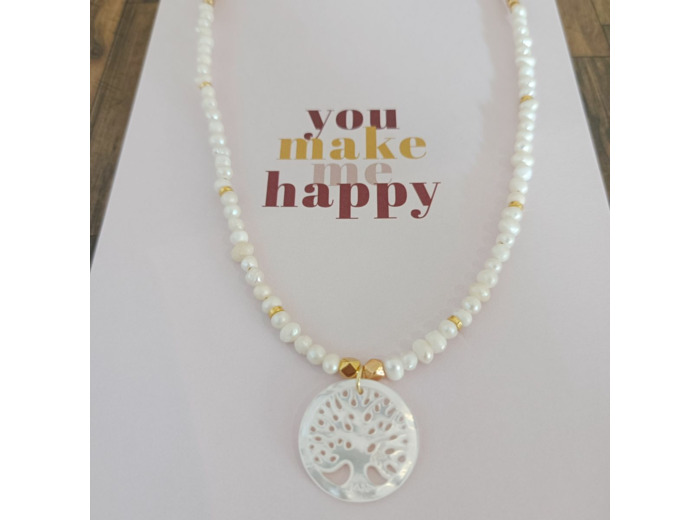 Collier en perles d'eau douce et arbre de vie nacre
