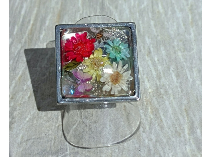 Bague carré multi-fleur argenté #5