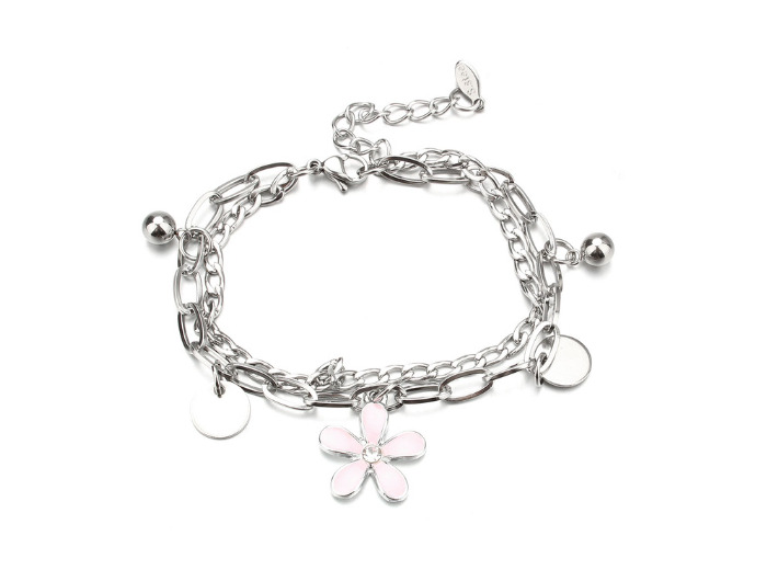 Bracelet double chaîne fleur en acier inox
