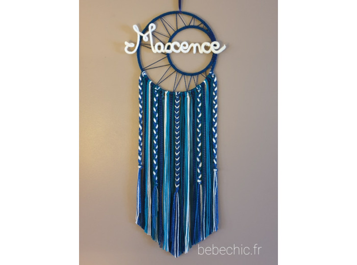 Attrape rêves prénom personnalisable, bleu pétrole,  bleu roi, blanc