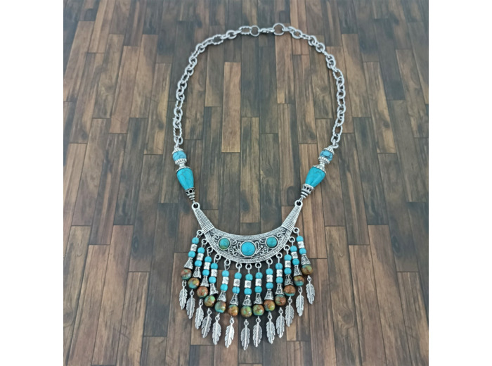 Collier argenté turquoise/marron plumes