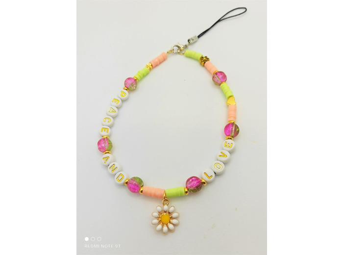 Bijou de portable blanc/rose/doré "PEACE AND LOVE"