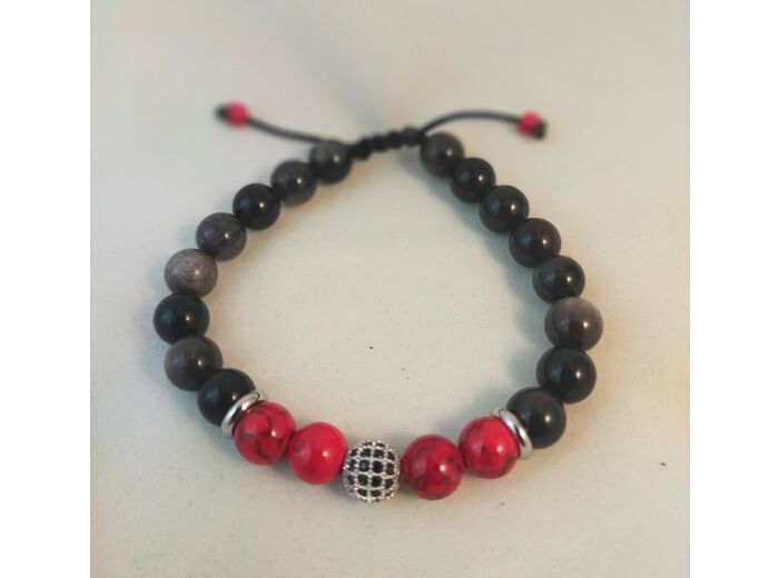 Bracelet ajustable obsidienne / jade rouge / perle argenté-noir