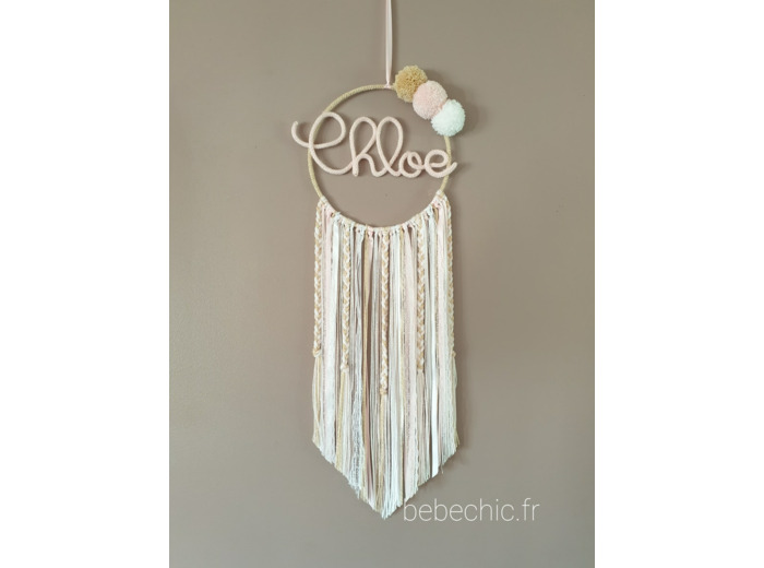 Attrape rêves prénom personnalisable, rose, doré et blanc