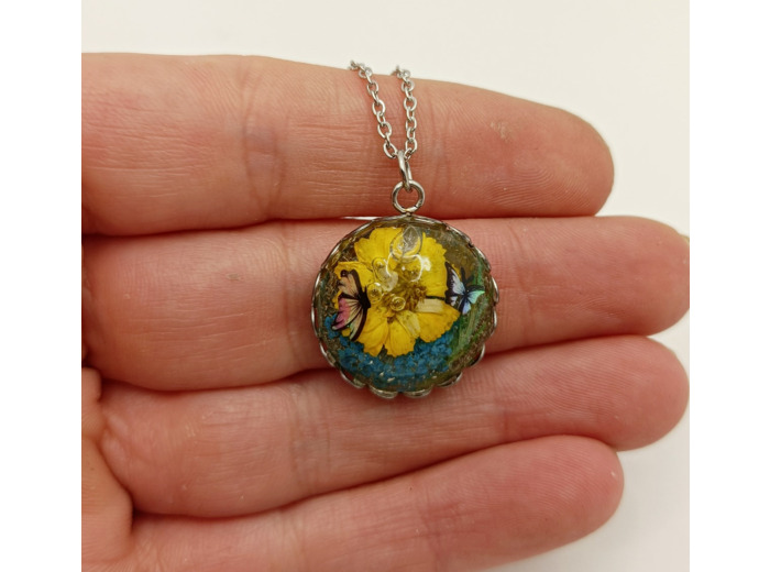 Pendentif résine rond jaune/bleu/argenté #21