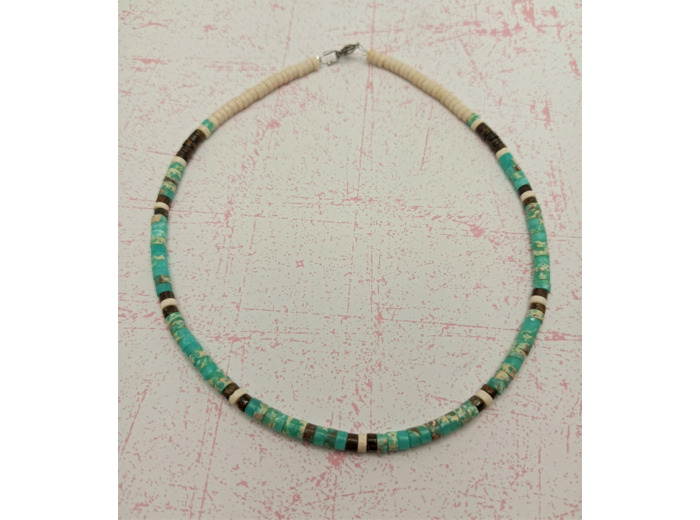 Collier homme ou femme pierres naturelles bleu cyan/œil de tigre/greige