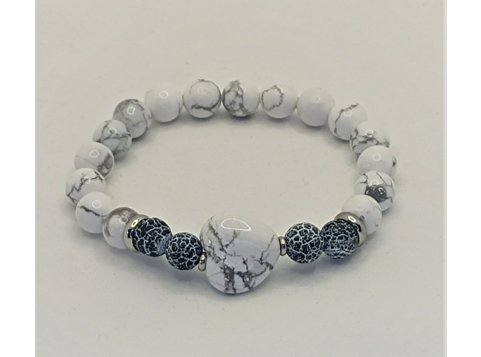 Bracelet Howlite/agate noire givrée argenté cœur