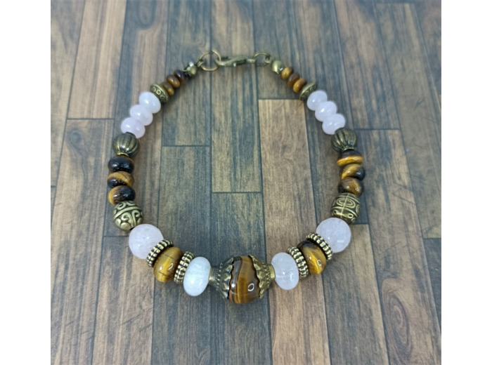Bracelet œil de tigre/quartz rose/bronze