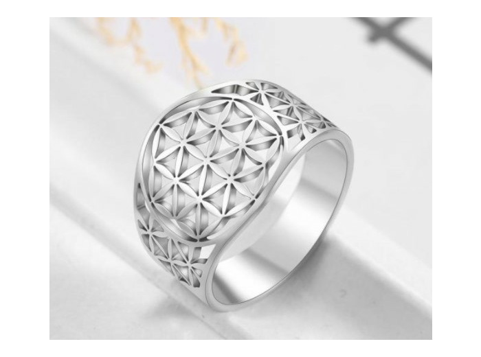 Bague en acier inoxydable fleur de vie argenté