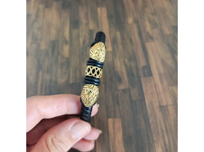 Bracelet cuir homme lions doré