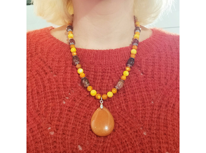 Collier aventurine orange/agate/perles de nacre colorées