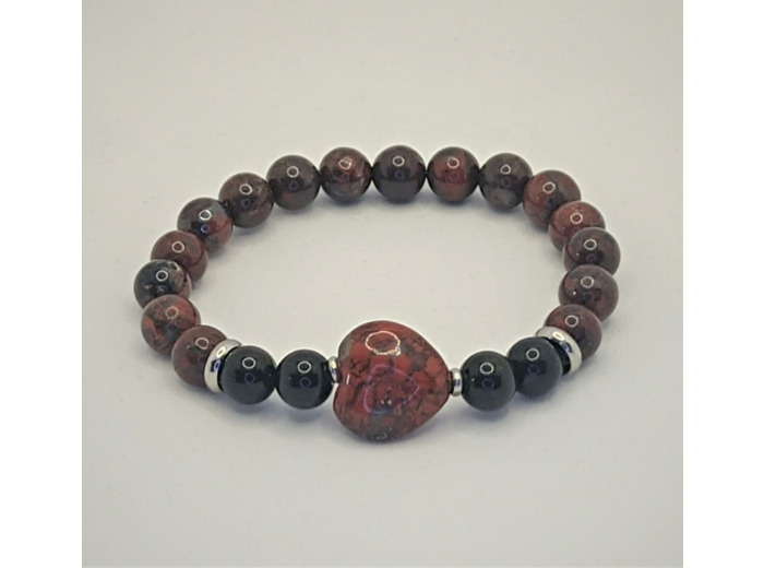 Bracelet Jaspe rouge/Obsidienne cœur