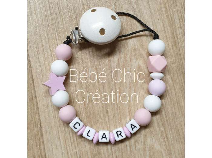 Attache sucette prénom personnalise , rose et blanc