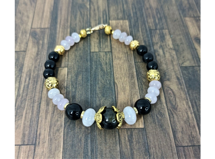 Bracelet Obsidienne/Quartz rose doré