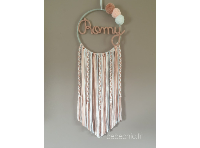 Attrape rêves personnalisé prénom, vieux rose, rose poudre, blanc et gris