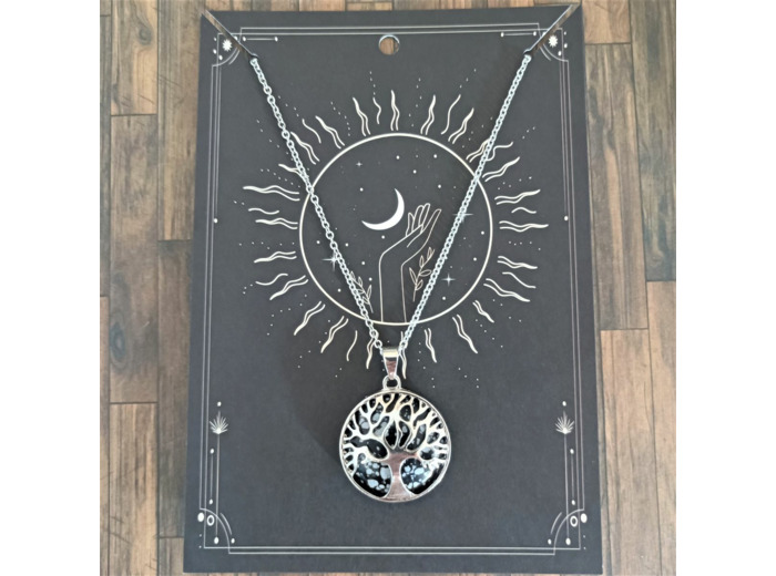 Chaîne/pendentif/arbre de vie obsidienne mouchetée