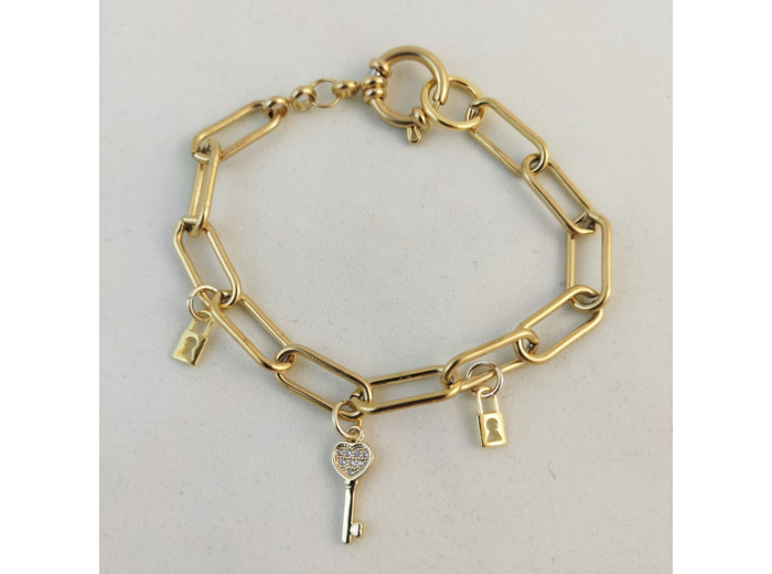 Bracelet grosse chaîne doré clé/cadenas