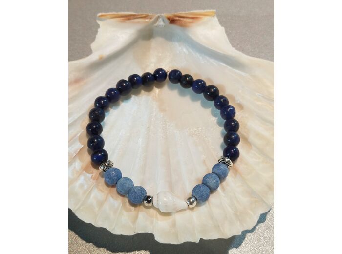 Bracelet Lapis Lazuli/jade bleu montagne/coquillage