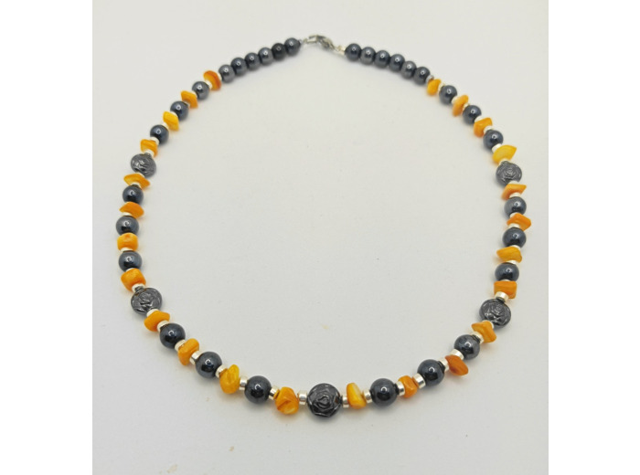 Collier hématite/jade orange argenté