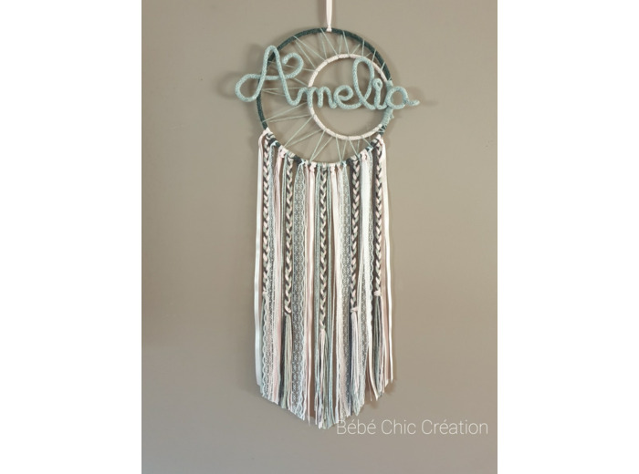 Attrape rêves prénom personnalisable, Anthracite, gris et rose