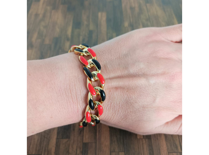 Bracelet gros maillons doré/rouge/noir émaillé