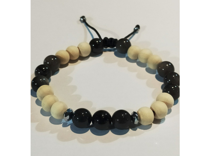 Perles en bois blanc naturel & obsidienne, ajustable