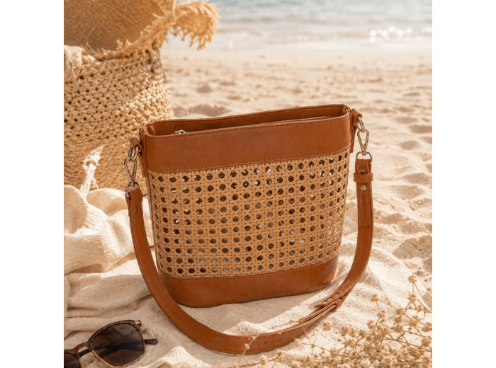Farfouillette Sac Seau Tressé & Pochette Amovible Camel