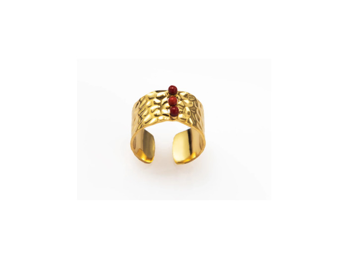 Bague en acier inox martelé et pierres rouges