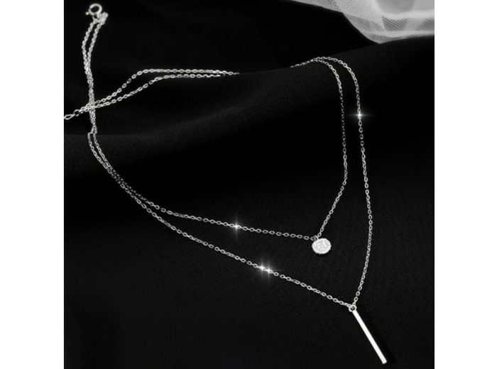Double chaîne en argent, long pendentif rond brillant en Zircon