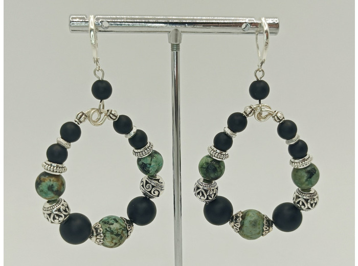 B.O. agate africaine, agate noire/argenté