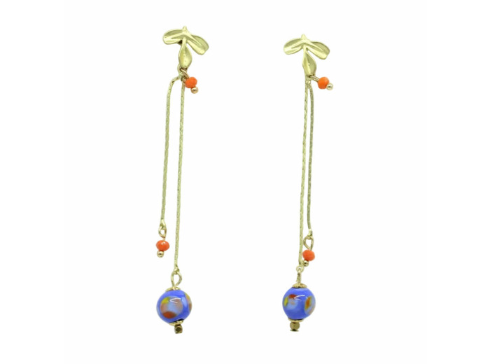 Boucles d'oreilles chaîne fleur & Murano bleue Sillage
