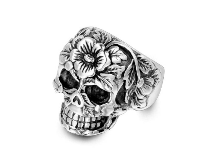 Bague homme tête de mort fleur
