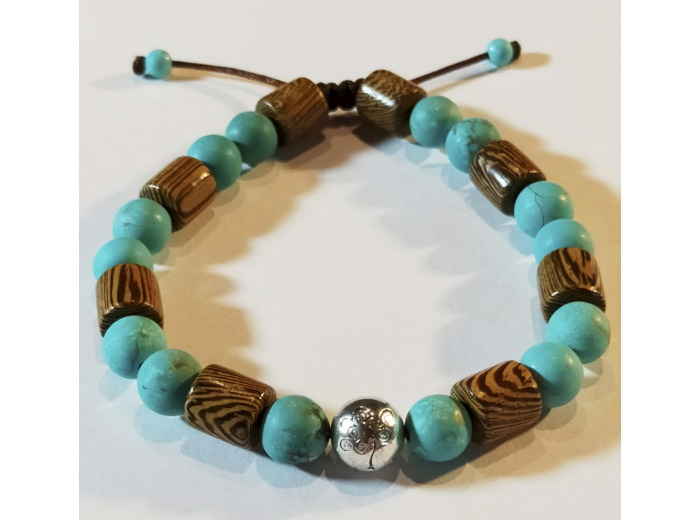 Perles en bois zébré & turquoise, ajustable
