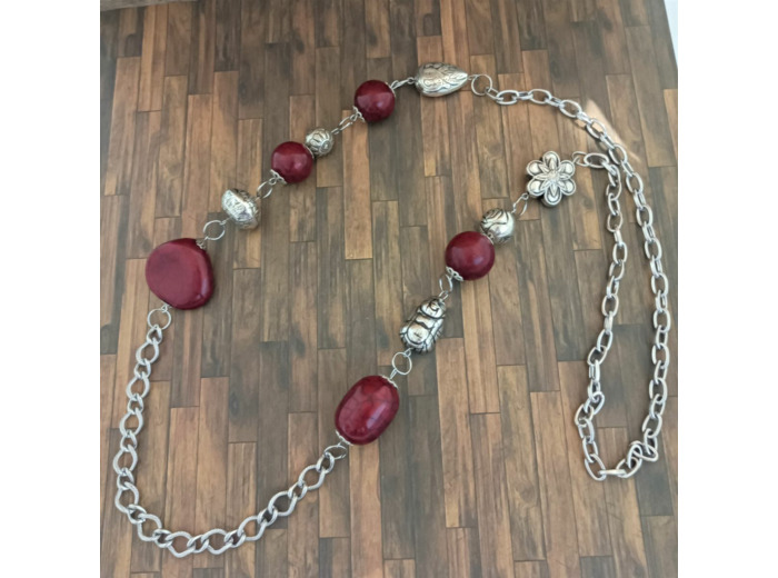 Gros collier perles bordeaux et acier inox