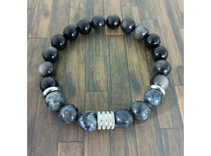 Bracelet homme obsidienne/labradorite argenté 10mm