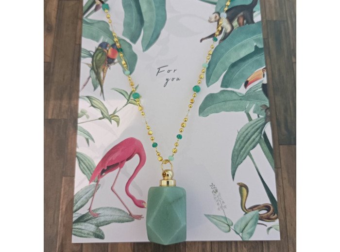 Collier bouteille de parfum aventurine/doré