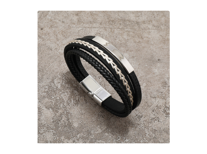 Bracelet cuir homme 3 lanières noir/blanc