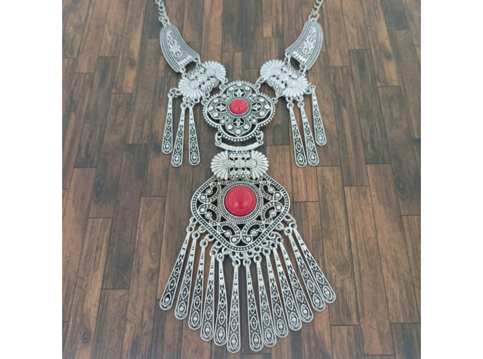 Gros collier argenté/rouge